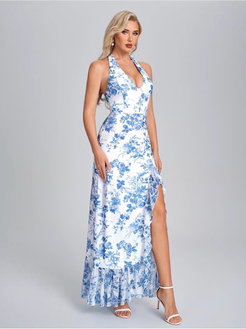 Halter Blue Floral High-Low Maxi Dress - Picture 2 of 4